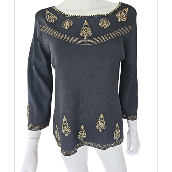 Joseph Black and Gold Embellished 3/4 Sleeve Blouse - Picture 4 of 7